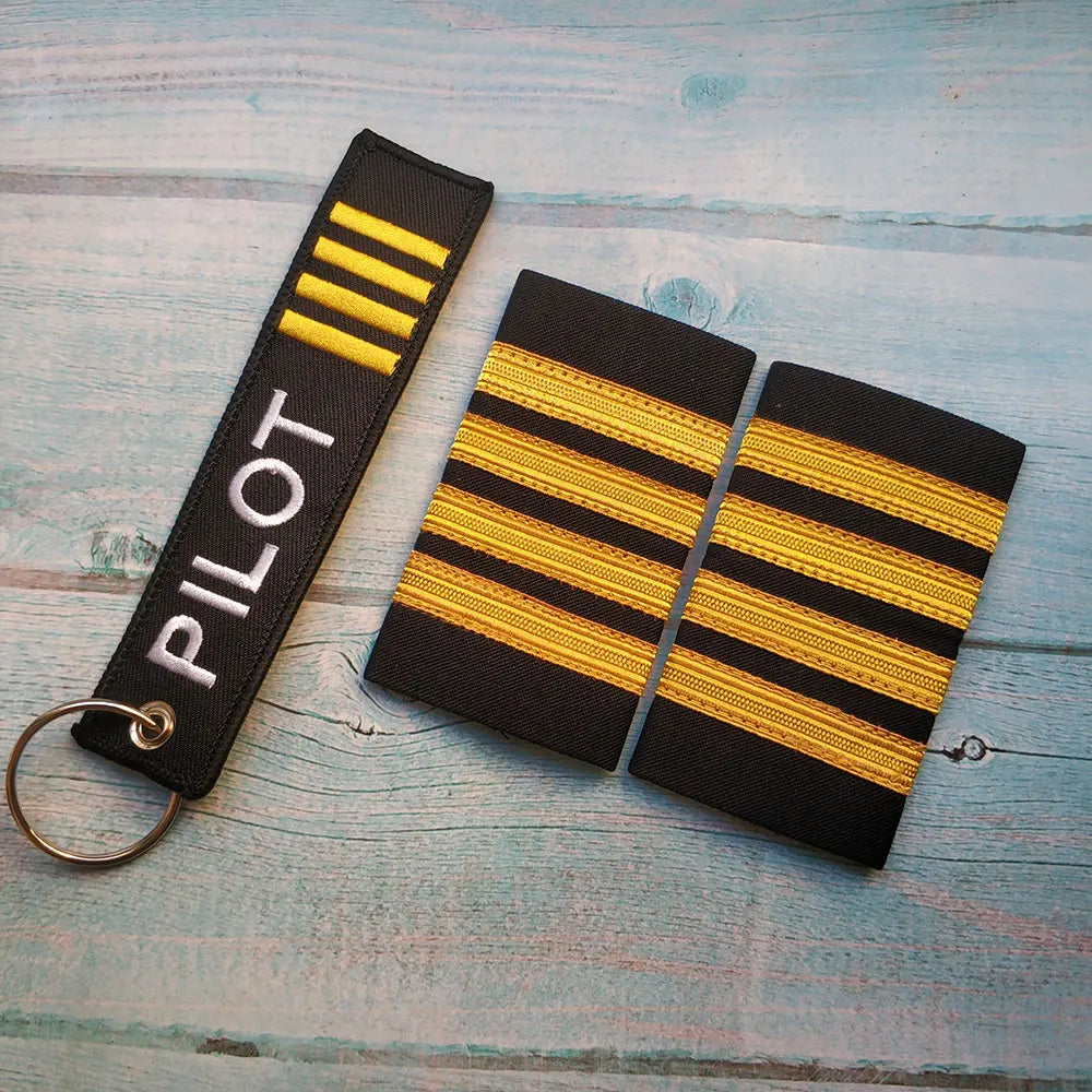 Kit 3 Chaveiros Bordados de Aviação Piloto e Barretas (Epaulets)