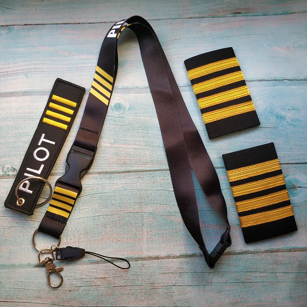Kit 3 Chaveiros Bordados de Aviação Piloto e Barretas (Epaulets)