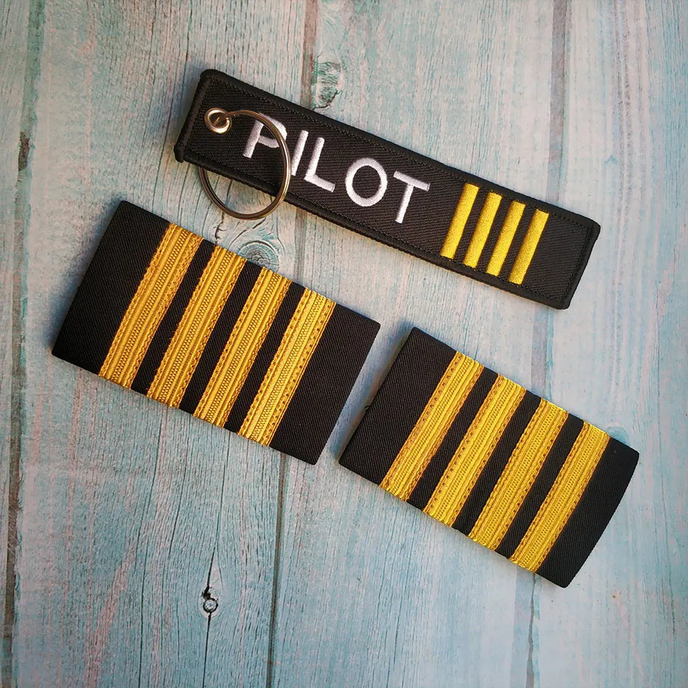 Kit 3 Chaveiros Bordados de Aviação Piloto e Barretas (Epaulets)