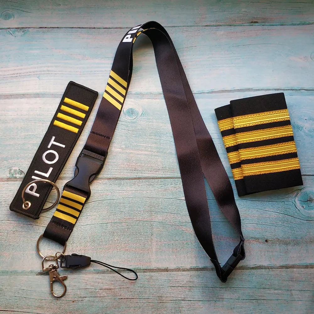 Kit 3 Chaveiros Bordados de Aviação Piloto e Barretas (Epaulets)