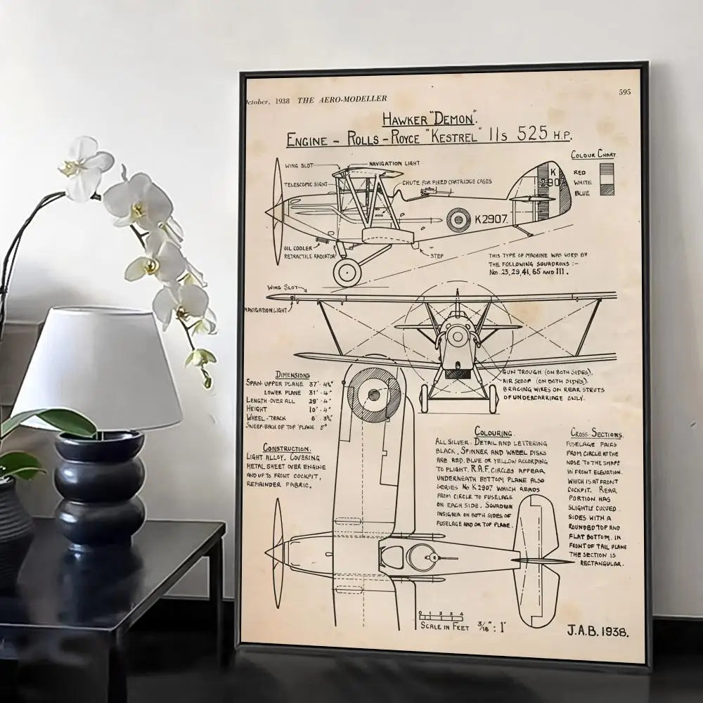 Poster Minimalista de Estrutura Aeronáutica Desenho Técnico Boeing