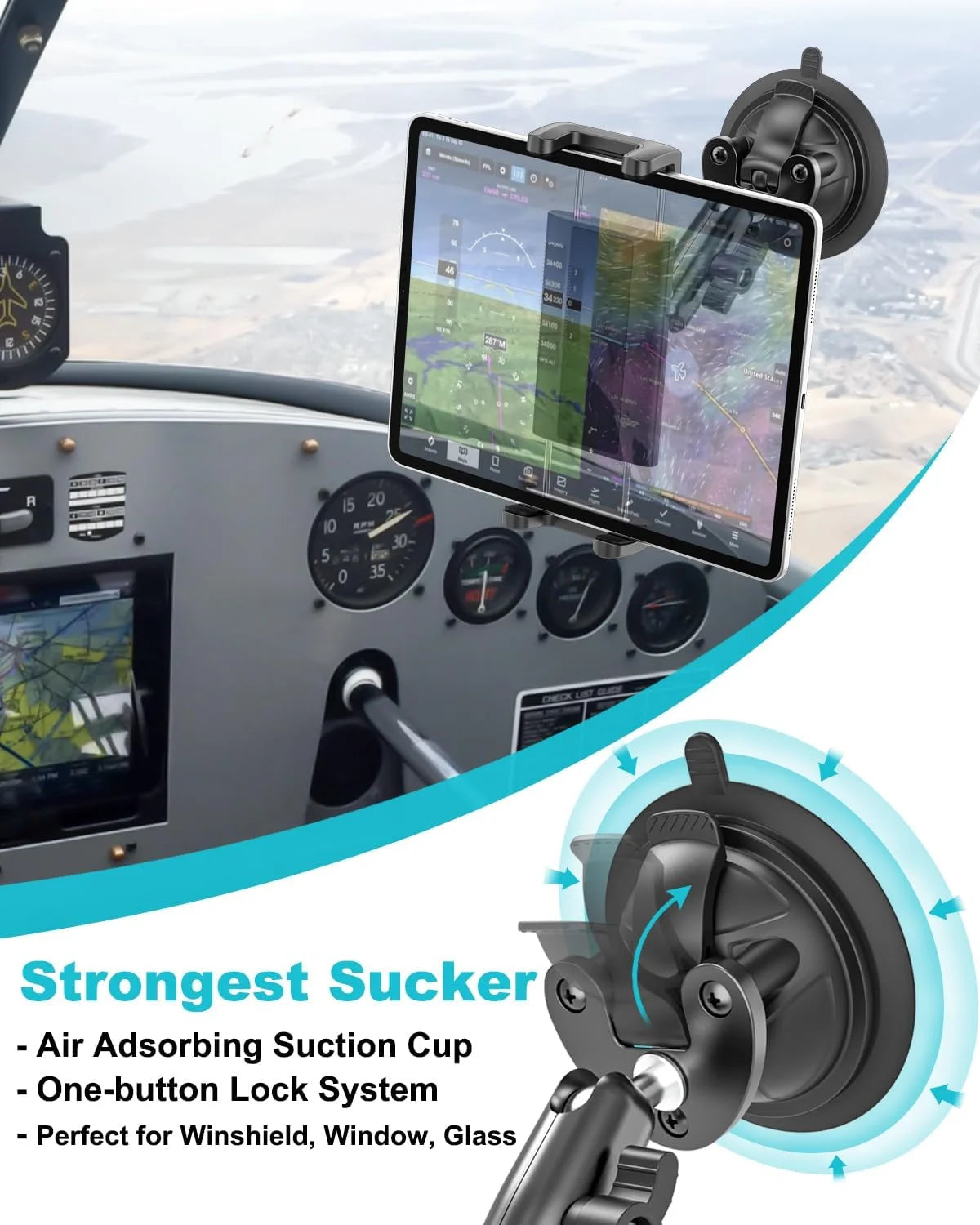 Suporte de Tablet com Ventosa e Braço Articulado para Cabine de Aviação