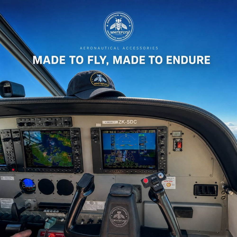 Cabine de aeronave com painel Garmin G1000 e boné Whiteflys sobre o painel, com o logo da marca e a frase Made to Fly, Made to Endure.